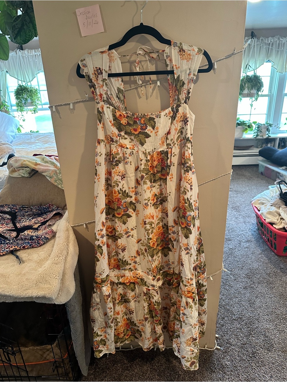 Anthropologie Floral Tiered Maxi Dress in Cream Orange and Green Floral Motif